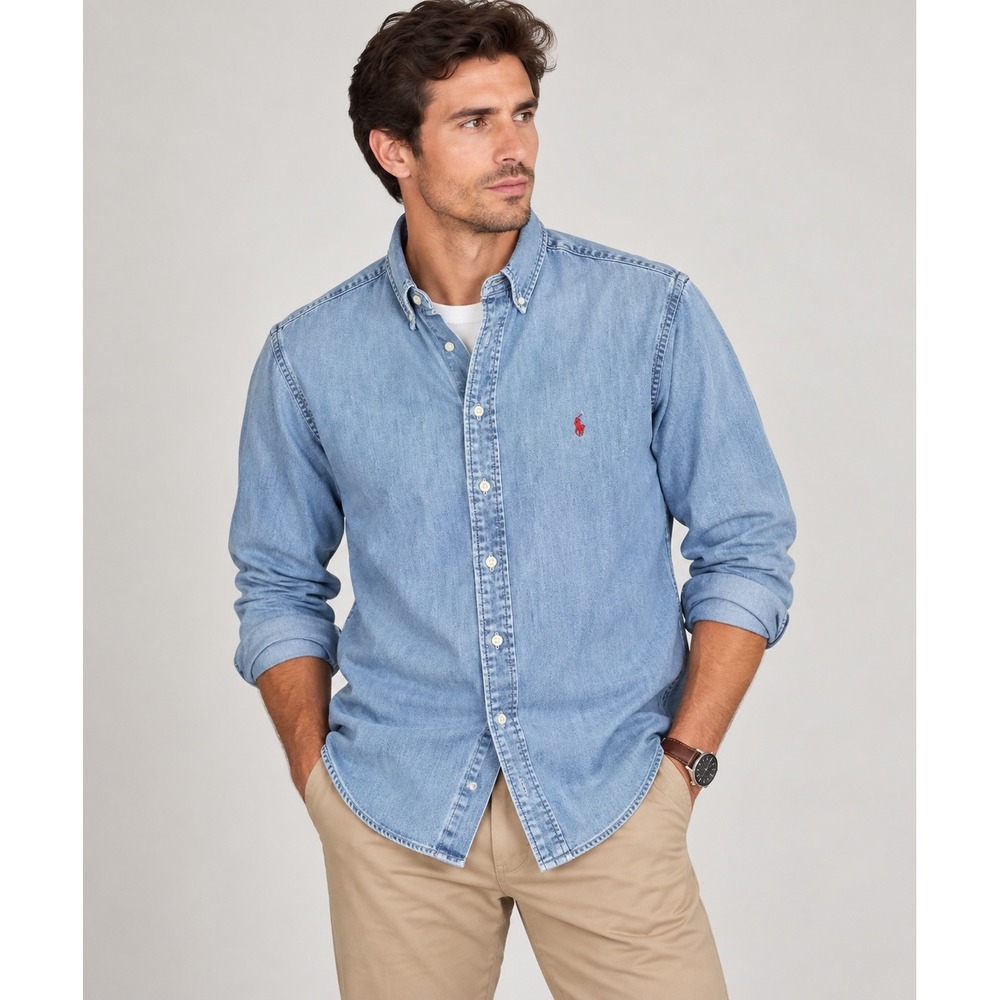 Polo Ralph Lauren Denim Button Down Distressed Heritage Workwear XL Light Blue